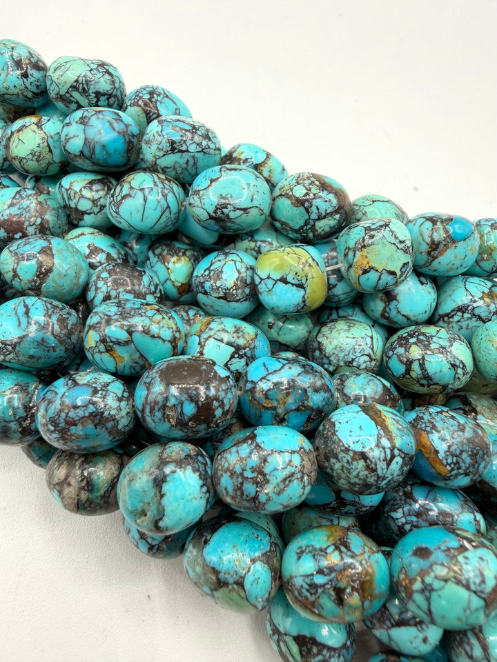 Kingman Turquoise w Black Matrix Potato  Beads - Apprx 10x13mm - 8" Strands